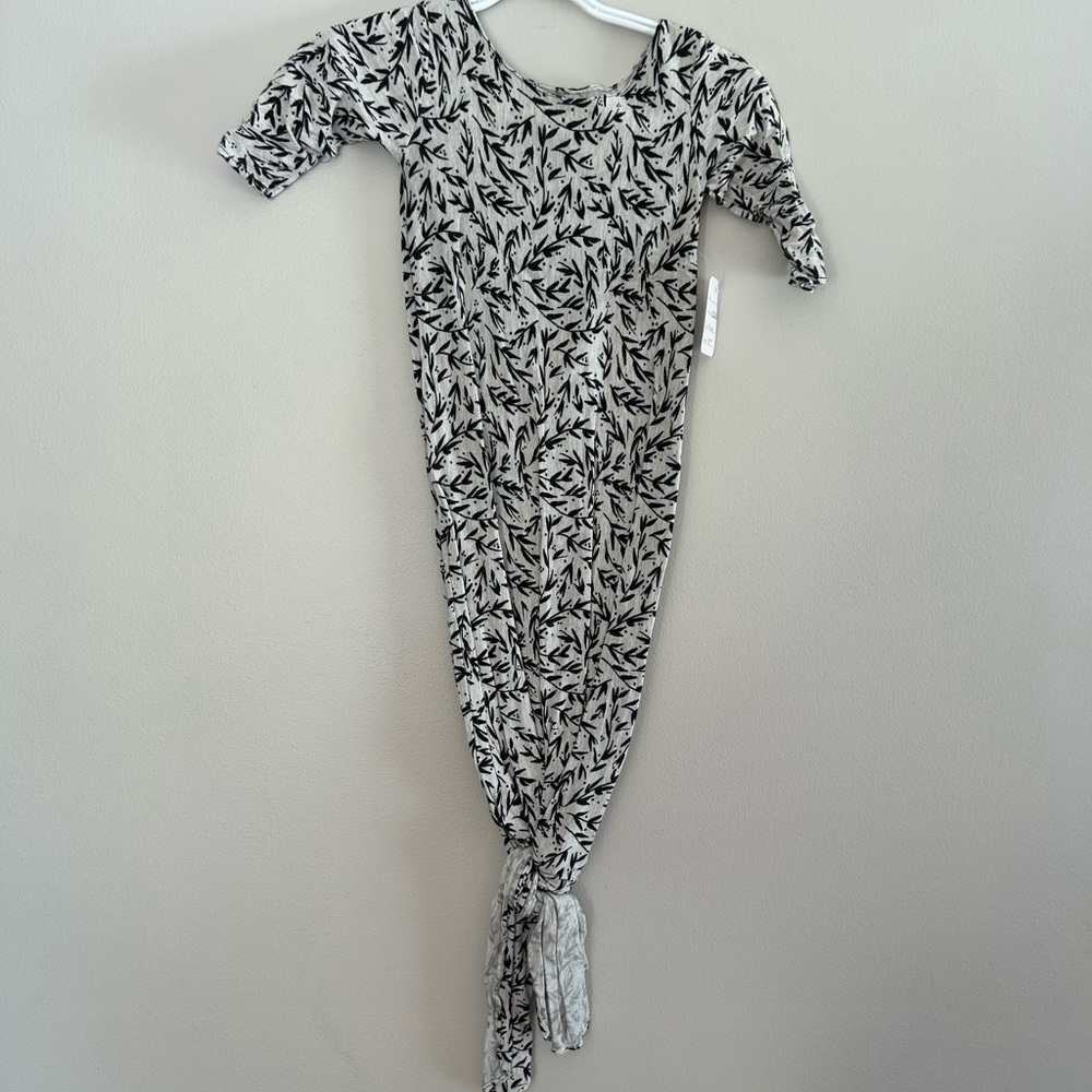 NEW handmade 0/6m Black and grey Leaf Print knot gown